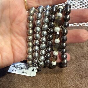 Beaded Stretch Bracelet Set - Metallic Gray & Cream
